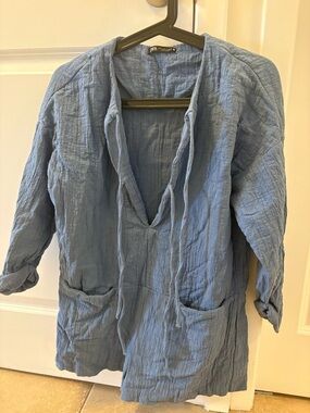 Zara Light Blue Textured Tie-Front Tunic